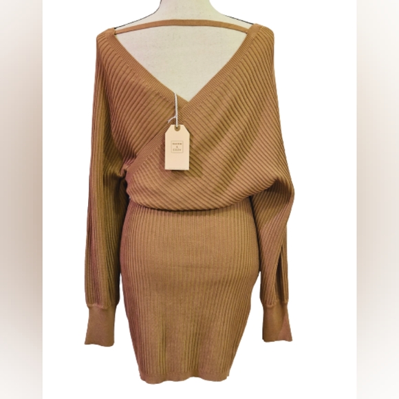 Love Tree Tan Ribbed Front Cross Long Sleeve Lightweight Sweater Dress,Large,NWT - Picture 10 of 16